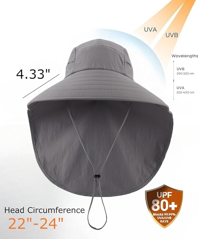 Home Prefer UPF 80+ Sun Hat for Men Women Wide Brim Sun Hat with Neck Flap Summer Safari UV Protection Gardening Fishing Hat