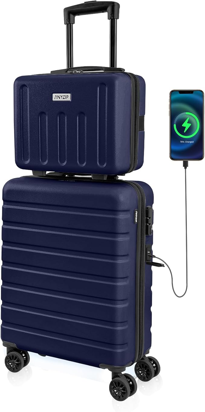 AnyZip Suitcase, 20" Carry On Luggage 14" Mini Cosmetic Cases Luggage Sets Hardside PC ABS Lightweight USB Suitcase with Wheels TSA for kids (2-Piece Set (14/20),DarkBlue)