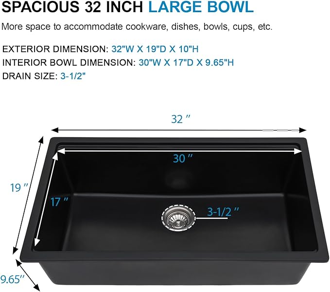 32 Granite Composite Kitchen Sink - Donsdey 32 Inch Black Kitchen Sink Undermount Granite Quartz Composite Ledge Workstation Matte Black Under Counter Single Bowl Sink Basin