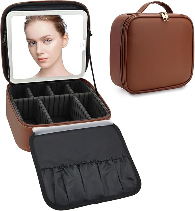 Travel Makeup Bag with LED Mirror Travel Makeup Organizer with 3 Lighted Settings, Adjustable Dividers and Makeup Brush Storage Bag Dark Brown