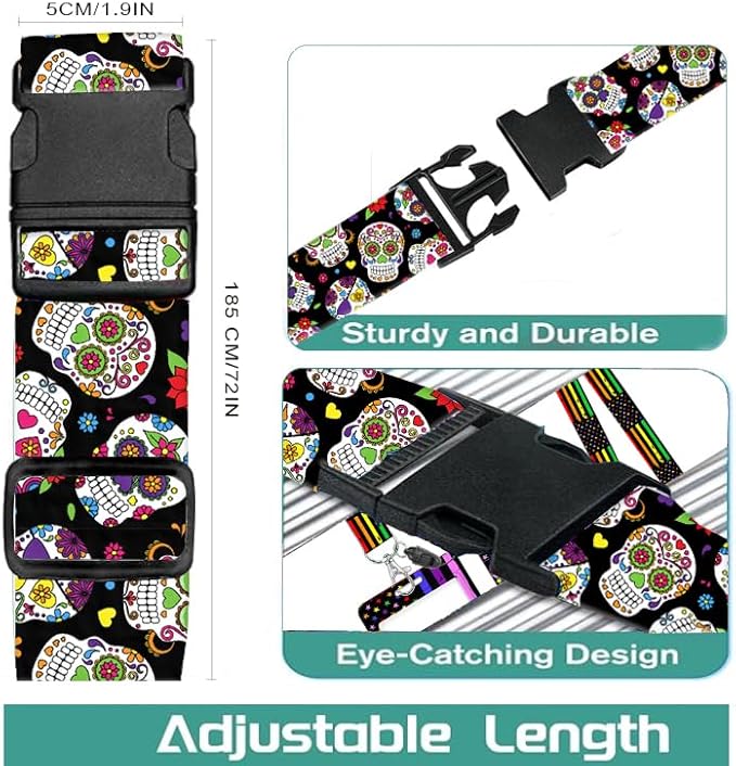 Luggage Straps for Suitcases Travel Belt Accessories, Cute Suitcase Strap, Adjustable Luggage Belt Strap, Heavy Duty with Quick-Release Buckle Luggage Strap Cool Flower Skull