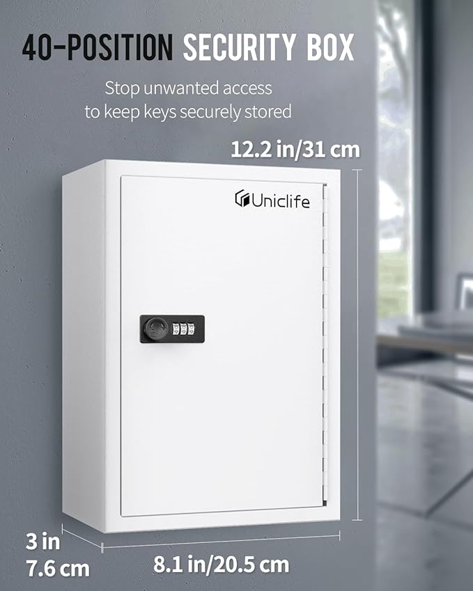 Uniclife 40 Position Slotted Key Cabinet with Combination Lock Resettable White Digital Security Storage Box Steel Key Organizer with Slotted Racks White Key Tag Labels and Permanent Pen