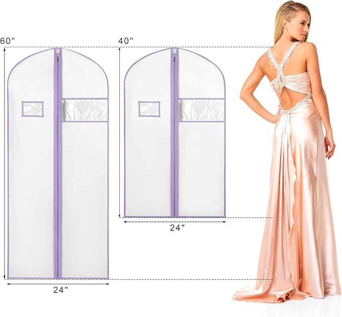 Syeeiex 60'' Garment Bags for Hanging Clothes, Set of 8 Dress Bags for Gowns, Dress Garment Bags for Gowns, Evening Dresses, Fur Coat, Long Dress(White & Purple)