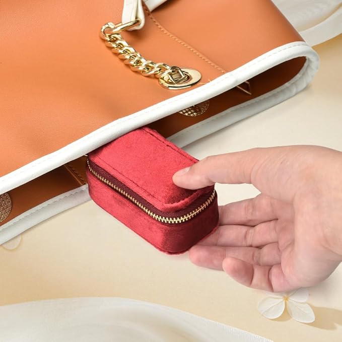 Small Travel Jewelry Case, Mini Tiny Plush Velvet Jewelry Box for Women and Girls, Pocket Size Jewelry holder organizer for Rings Earrings and Small Items(Burgundy)