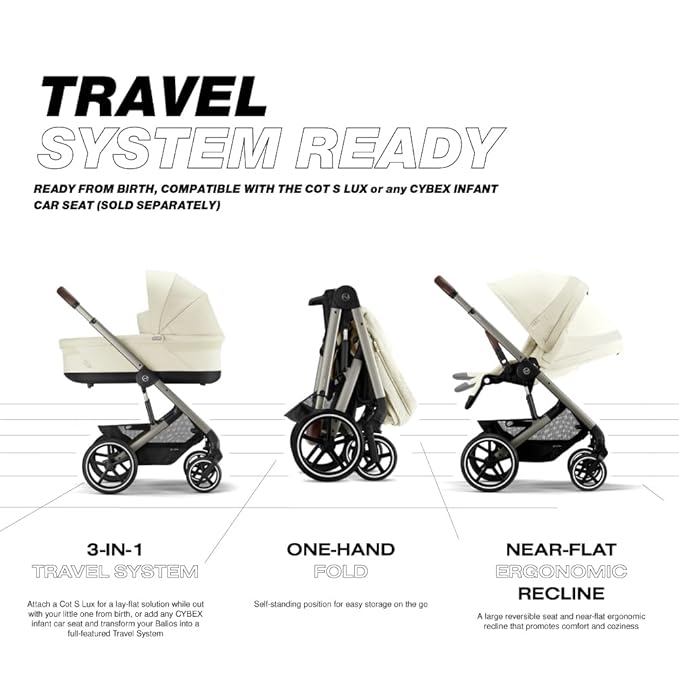 Cybex Balios S Lux Toddler and Baby Stroller with Reversible Seat, Unique One-Pull Harness, and Multiple Recline - Travel System Ready, with One Hand Fold, Taupe Frame/Seashell Beige Seat