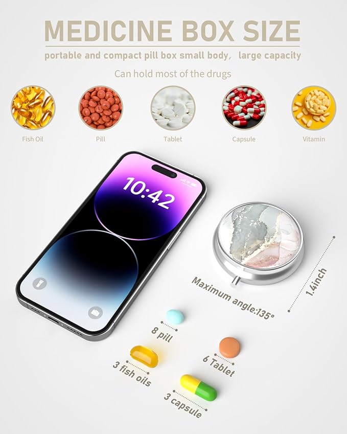 Pill Box, 3 Compartment Portable Travel Medicine Box with Mirror, Compact and Cute, Fits in Purse and Pocket, Medicine and Vitamin Organizer (Grey Pink Marble)