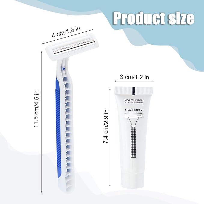Disposable Razors in Bulk Pack of 60,Blue Disposable Shaving Razors Individual Wrapped Twin Blade Bulk Disposable Razors with Clear Cap and 10g Shaving Cream for Homeless,Hotel,Travel,Charity,Shelter