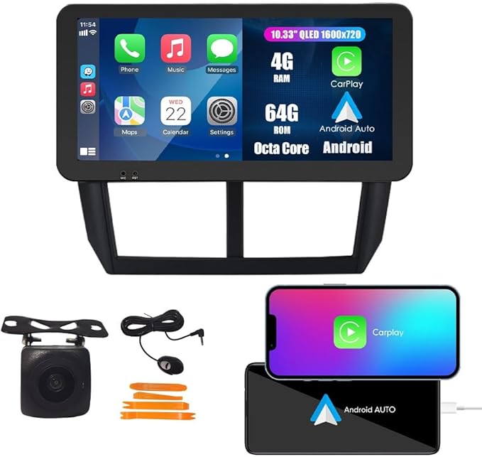 Kunfine CarPlay Android Auto Navigation Stereo GPS Radio Reverse Camera Display 10.33" QLED Touchscreen Headunit Tablet Pad Media Player for Subaru Forester 2007-2013, if Applicable Octa Core 4G+64G