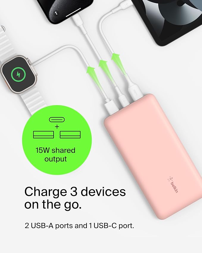 Belkin Portable Charger, USB C Power Bank 20000 mAh w/ 1xUSB-C Port & 2xUSB-A Ports, 15W w/ Type-A to Type-C Cable for iPhone 16, Plus, Pro, Max, Samsung Galaxy S25, Google Pixel 10, etc. - Rose Gold