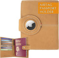 GARZINI Passport Holder with AirTag, Passport Wallet with RFID, Travel Accessories, Travel Document Holder with ID Window, Leather Passport Holder for 7 Cards, Camel Brown