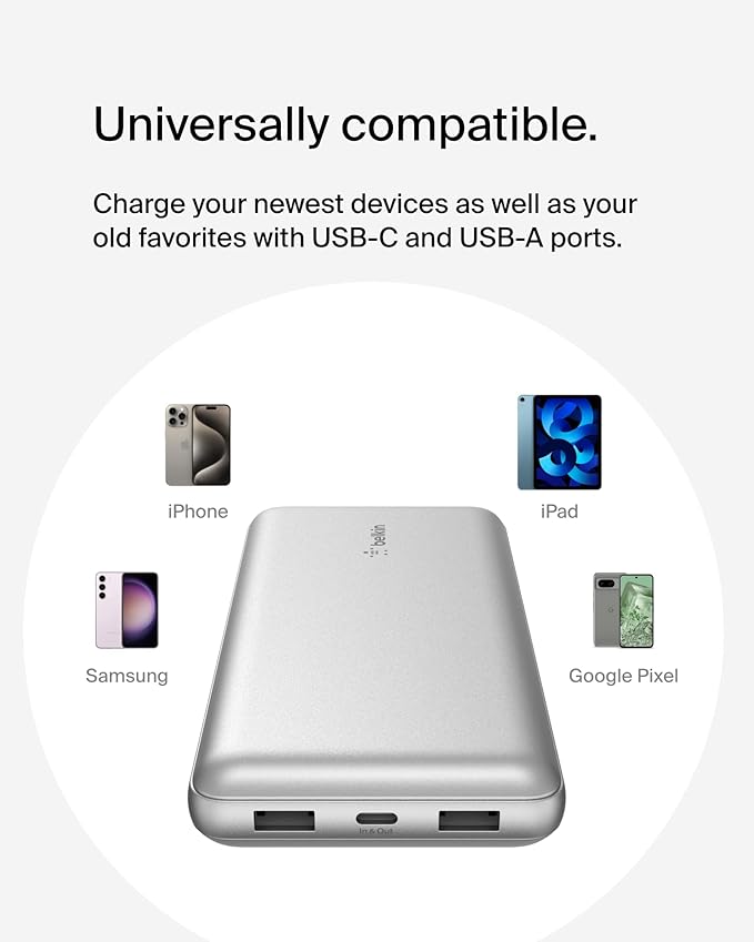 Belkin Portable Charger, USB-C Power Bank 20000 mAh w/ 1xUSB-C Port & 2xUSB-A Ports, 15W w/Type-C to Type-A Cable for iPhone 16, Samsung Galaxy S25, Nintendo Switch 2, Google Pixel 10, etc. - Silver