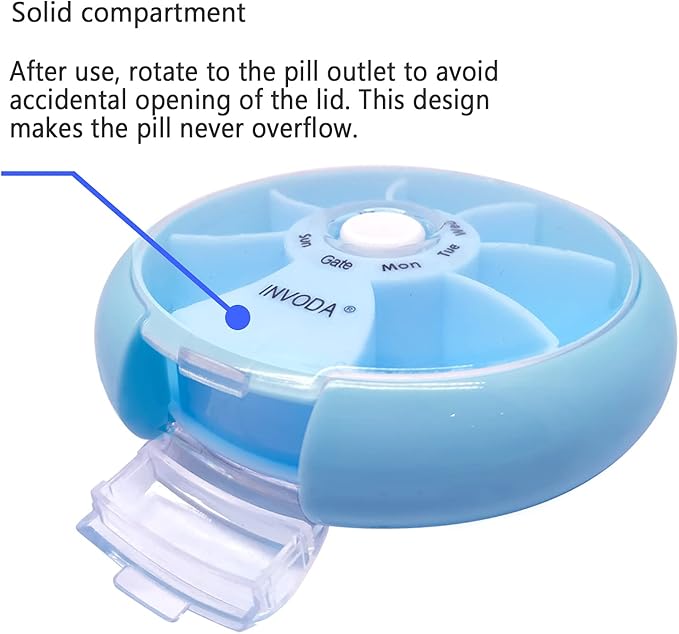 INVODA Weekly Pill Organizer 7 Compartment Rotating Pill Box for Daily Medication & Vitamins - Portable Travel Pill Case Fish Oil Supplements Vitamins Organizer (Sky Blue)