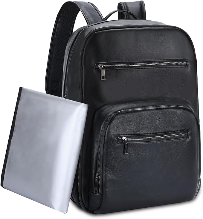 VASCHY Diaper Bag Backpack for Mum Dad, Unisex Large Waterproof Vegan Leather Baby Bag with Changing Pad,Insulated Pockets,Padded Laptop Sleeve for Travel,Black