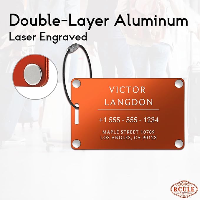 Personalized Luggage Tags for Suitcases - Aluminum Custom Luggage Tags for Backpacks & Bags, Sturdy, Waterproof & Heavy Duty (Orange/Card-Sized)