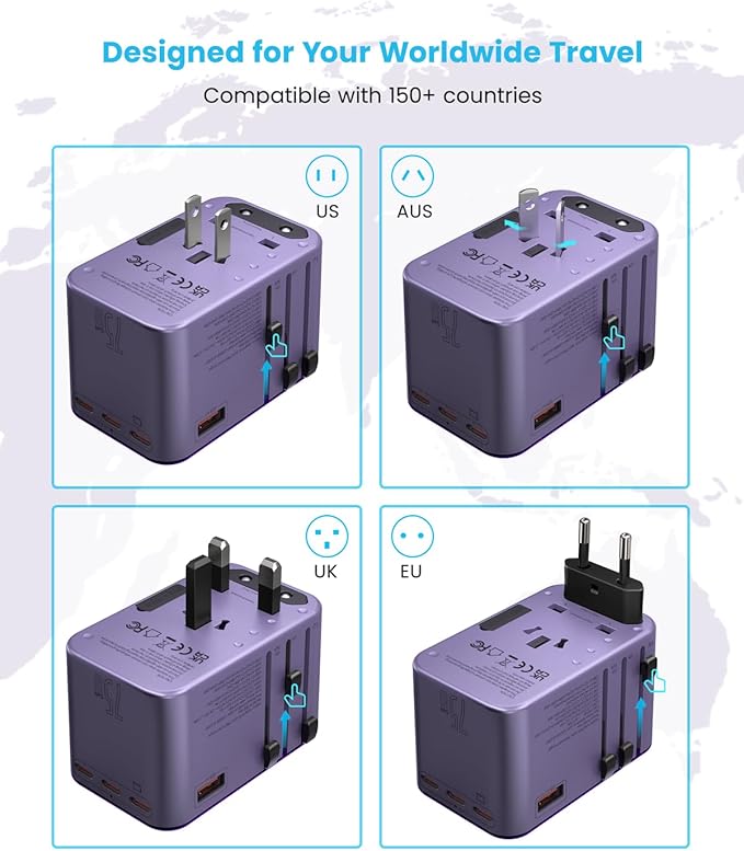 Universal Travel Adapter, VINTAR 75W GaN International Power Adapter with 3 USB C PD and 2 USB A QC, All in One Travel Essentials for UK/EU/USA/AUS, Travel Adapter Worldwide for Laptops Phones, Purple