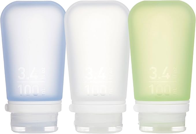 humangear GoToob+ 3-Pack (Large) | Refillable Silicone Travel Bottle | Locking Lid | Food-Safe Material, Clear/Green/Blue, Large (3.4 fl.oz.; 100ml)