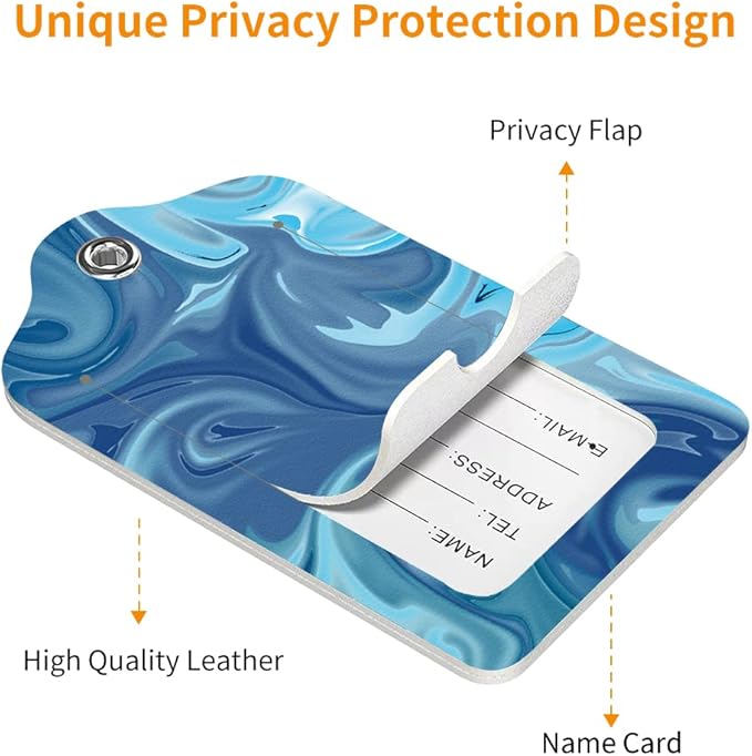 2 Pack Luggage Tag for Suitcase, Cute Unique Leather Bag Tags Identifiers Privacy Cover ID Label with Durable Steel Loop for Women Men Kids Girls Travel，Blue Wave