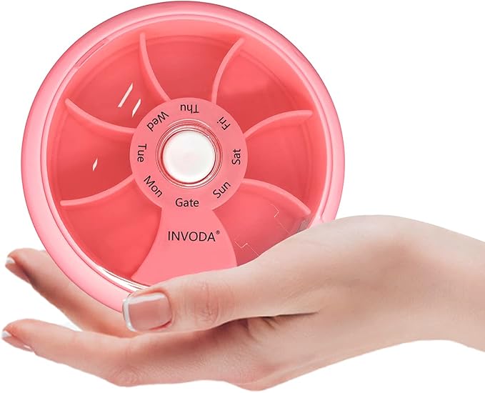 INVODA Weekly Pill Organizer 7 Compartment Rotating Pill Box for Daily Medication & Vitamins - Portable Travel Pill Case Fish Oil Supplements Vitamins Organizer (Pink+Bag)