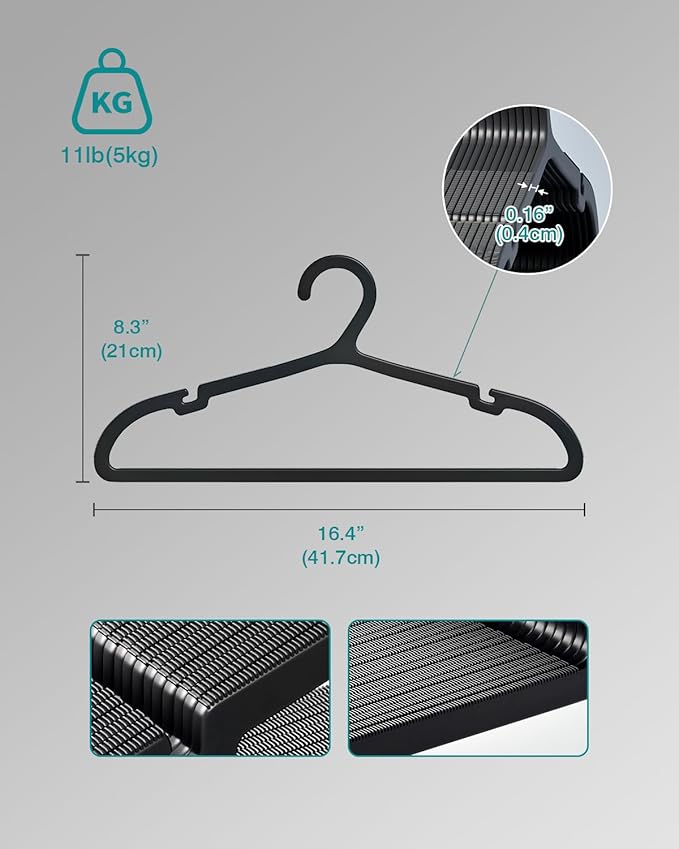 50 Pack Clothes Hangers, Non Slip Plastic Coat Hangers, Space Saving Hangers, Heavy Duty, Hanging Dry Wet Clothes,16.4" x 8.3", Black, UAPY0550B