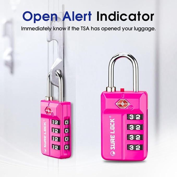 SURE LOCK TSA Approved 4-Digit Resettable Combination Luggage Locks with Open Alert, Easy-Read Dials - for Luggage, School Lockers, Gym, Office, Toolbox & Security Cases (Pink 1 Pack)