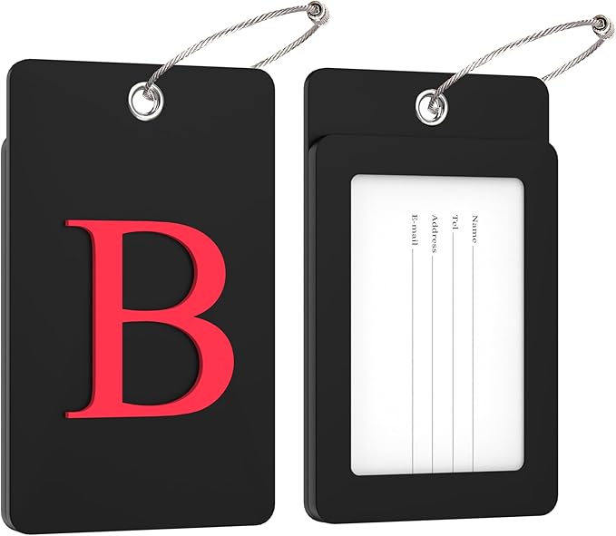 Gostwo 2 Pack Luggage Tags for Suitcases, 26 Initial Letter Travel Luggage Baggage Identification Labels ID Tag Fully Bendable Tags with Stainless Steel Loop (Black) (Letter B)