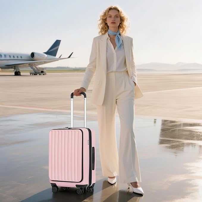 KYME 22-Inch Hardside Small Suitcase, 100% PC Hard Shell with Laptop Compartment, TSA Lock, Double Wheels, Pink