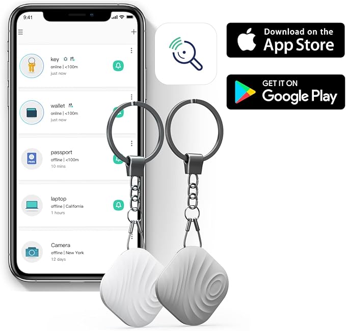 Key Finder, Bluetooth Tracker Item Locator with Key Chain for Keys Pet Wallets or Backpacks and Tablets, Batteries Include (1 White & 1Gray, 2 Pack)