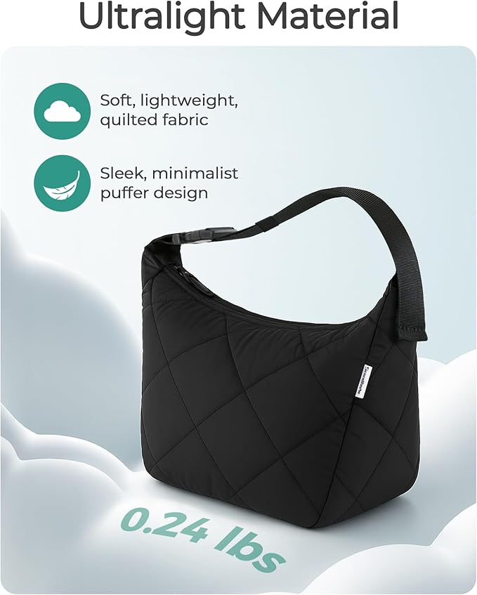 Insulated Lunch Bag for Women, Quilted Reusable Lunch Box with Adjustable Strap, Waterproof Cute Puffy Bento Tote, Stylish Cooler Bag for Work, Picnic or Travel, Black