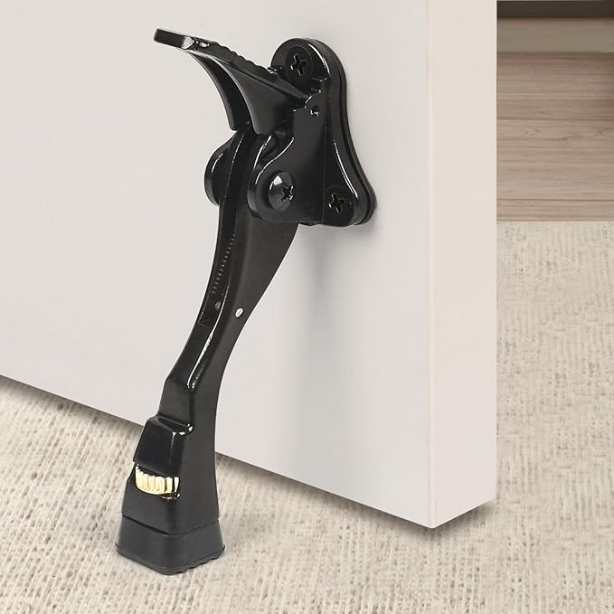 Black Kick Down Door Stoppers for Bottom of Door, Heavy Duty Kickdown Door Stop, Adjustable Door Stoppers, One Touch Kick Down Stopper (4 Inch x 1 Pack)