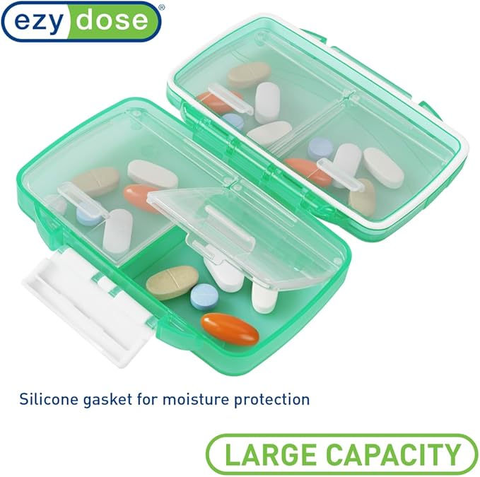 EZY DOSE Moisture-Proof Pill Case, Medicine Planner, Vitamin Organizer Box, Travel-Friendly, Latch-Closure to Secure Contents, 4 Individual Compartments of Multiple Sizes with Tight Seal, Small, Green