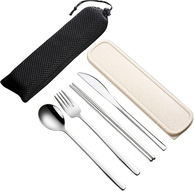 VANRA 4-Piece Portable Travel Utensils Set with Case 18/8 Stainless Steel Flatware Set Reusable Cutlery Set with Fork Spoon Knife Chopstick for Lunch Travel Camping School Work Picnic (Silver)
