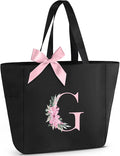 Vavabox Tote Bag, A-Z Initial Monogrammed Waterproof Tote Bag, Bridesmaid Gifts for Women, Black and Pink