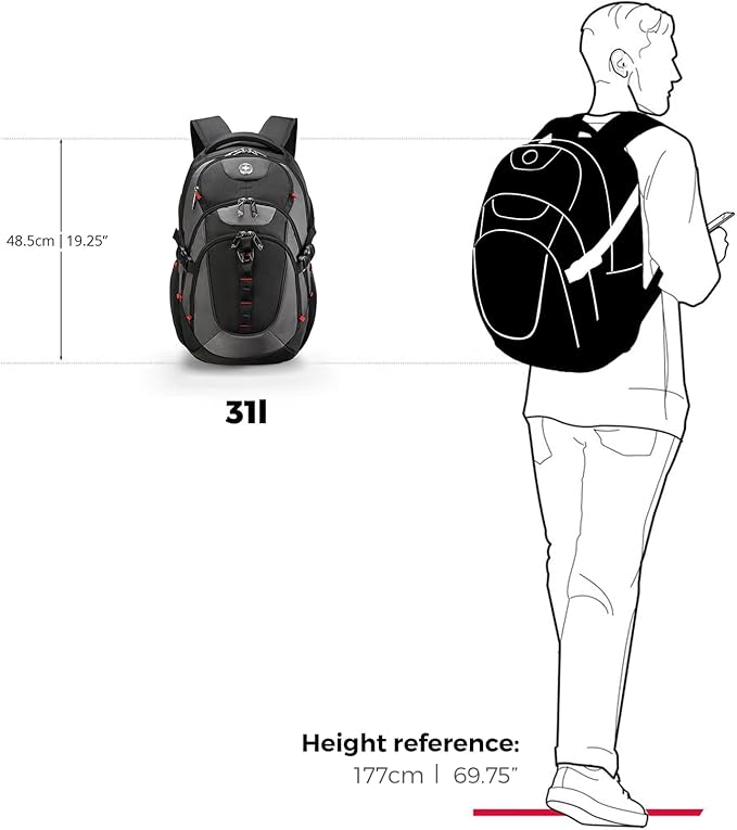 Swissdigital Design Laptop Backpack with USB Charging Port, TSA Travel Backpack Fits 15.6 inches Computer, 31L College School Backpack for Men, Black/Grey | SD803