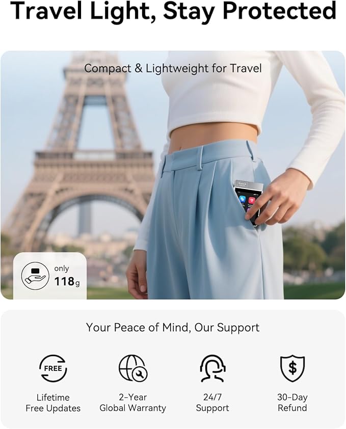 Wooask A9 Translation Earbuds Real Time Support Calls & Hotspot Sharing, AI Translator Device No APP No Phone Needed with 140+ Languages, ChatGPT/Offline/Photo Translation for Business & Travel