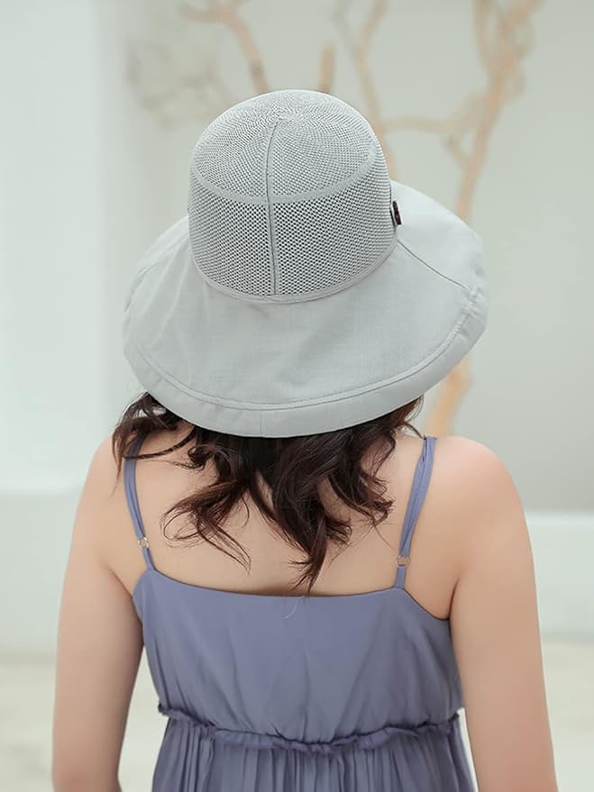 Women Wide Brim Sun Hats Metal Wired Edge Summer UV Protection Beach Fishing Hat for Hiking Garden Travel Chin Strap
