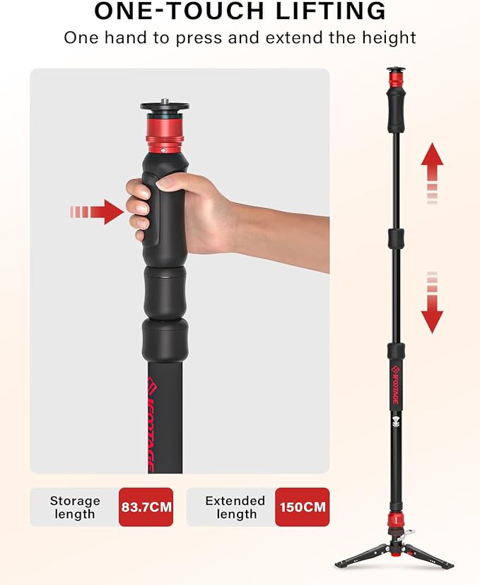 IFOOTAGE Cobra 3 Strike Monopod with Feet,Portable Travel Monopod for Camera A150S Ⅲ with Pan Tilt Head K5S,Pedal Design Base,One-Click to Extend Height 59"/150cm,Payload 11lbs/5KG