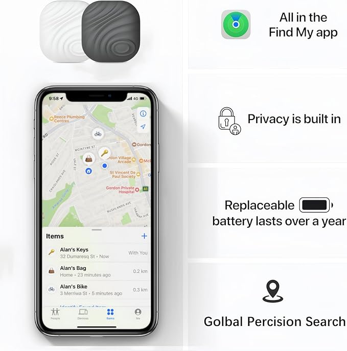 Smart Key Finder - Only iOS(Not for Android) - Bluetooth Smart Key Tracker Tag - Work for Apple Find My - Keep Track of The Items That Matter Most (2-White & 2-Coffee)