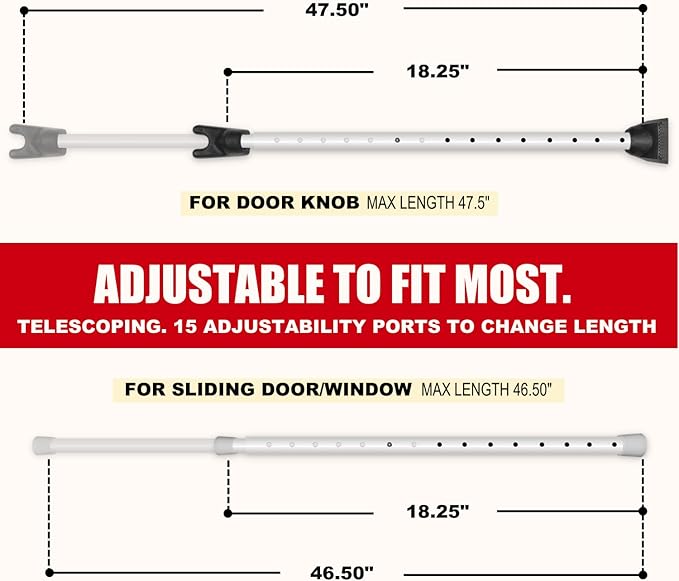 SECURITYMAN 2-in-1 Door Security Bar with Alarm & Sliding Door Stopper Security Bar with 120db Loud Siren - Rugged Iron Rated for 400lbs, (Protects Against Scratches) New Model for Wider Compatibility
