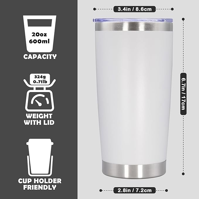 20oz Tumbler Stainless Steel Tumbler Cup with Lid Vacuum Insulated Double Wall Travel Mug, Durable Powder Coated Travel Coffee Tumbler Mug for Hot & Cold Drinks, White,4 Pack