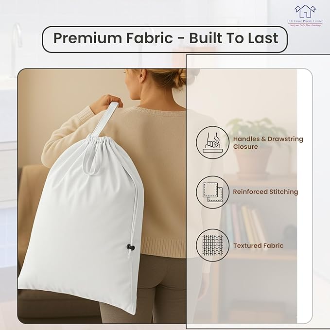 LFH Home Cotton Canvas Large Laundry Bag with Handle, Heavy Duty Drawstring Closure Washable Laundry Bags, School Travel, Home, Hotel, College Dorm, Organizer Sack, Toy Clothes 28x36 (Pack of 2)-White