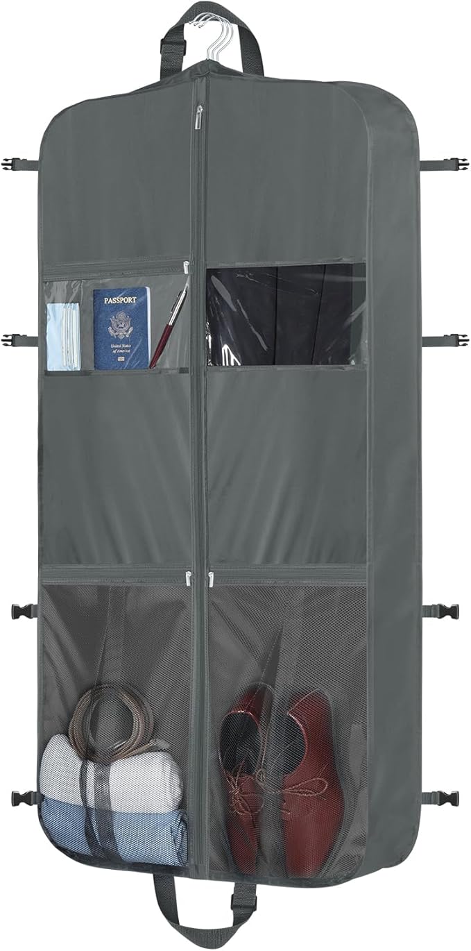 Zilink Upgraded Garment Bags for Travel Hanging Fur Coat Storage Bag Suit Bags for Men Storage with Adjustable Handles and Stable Buckles for Suit Shirts Coats Dresses, Grey