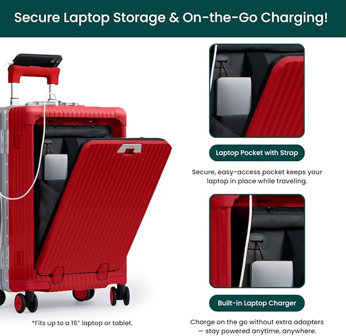 Nobl Travel Carry On Luggage, Noble Zipperless Aluminum Frame PC Hard Shell Suitcase, 22.5x15x9.5 Airline Approved, 360° Spinner Wheels, TSA Locks, USB Charging Port, Cup & Phone Holder - Red