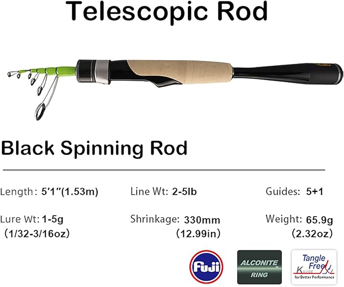 PURELURE Telescopic Fishing Rod Ultralight or Light, Carbon Fiber Rod Spinning & Casting, Fuji Alconite Ring and Reel Seat, One-Piece Mixed Carbon/4A Cork Handle, Spare Solid Tip, Portable Travel Rod