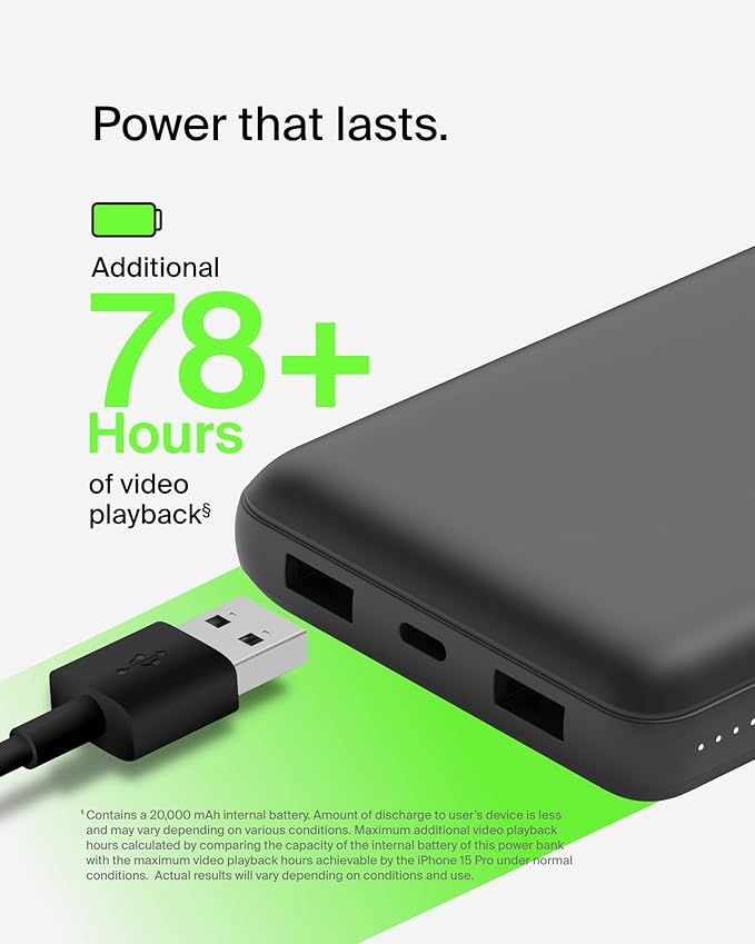 Belkin Portable Charger, USB-C Power Bank 20000 mAh w/ 2 USB-A Ports, 15W w/ Type-A to Type-C Cable for iPhone 16, 16 Plus, 16 Pro, 16 Pro Max, Samsung Galaxy S2, Google Pixel 10, etc. - Black