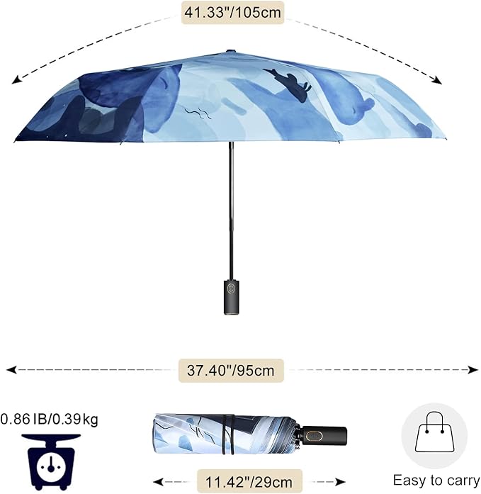 Cuby UV Sun Umbrella Compact Folding Travel Umbrella Auto Open and Close for Windproof, Rainproof & 99.9% UV Protection Parasol with Black Anti-UV Coating (Blue Whale)
