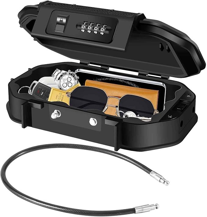 Waterproof Lock Box, Portable 4-Digit Combination Safe Boxes with Removable Cable, Anti-Theft Small Security Lockbox, Resettable Code Cash Case, Outdoor Key Hider for Travel, Gym, Hotel, Dorm, Beach