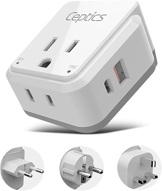 Ceptics European Plug Travel Adapter Set, 20W PD & QC, Safe Dual USB & USB-C - 2 USA Socket - Compact - Use in Germany, France, Italy, UK - Includes Type E/F, Type C, Type G SWadAPt Attachments