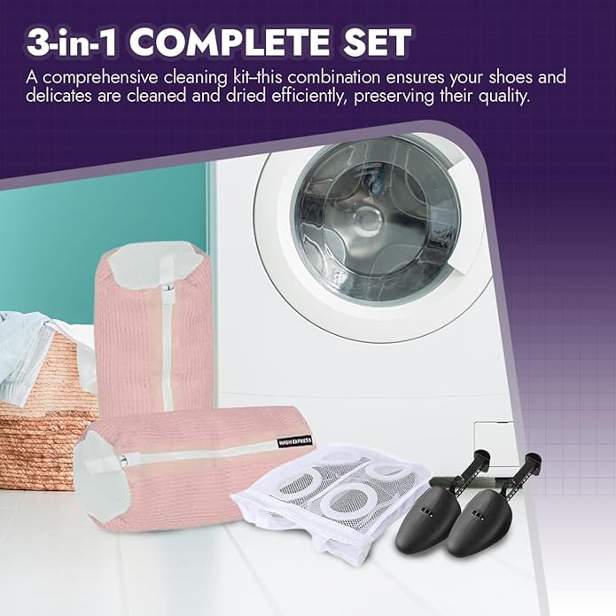 Shoe Cleaning Kit: Shoe Washing Bag (2pcs), Mesh Laundry Bag for Shoe Dryer and Adjustable Shoe Trees (5 pc kit)