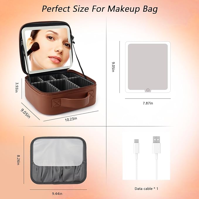 Travel Makeup Bag with LED Mirror Travel Makeup Organizer with 3 Lighted Settings, Adjustable Dividers and Makeup Brush Storage Bag Dark Brown