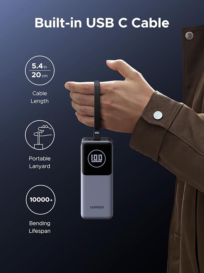 UGREEN Nexode Power Bank 20000mAh 130W with Built-in USB C Cable Laptop Travel Portable Charger, 80W Input, Fast Charging for MacBook Pro/Air/iPhone 16/iPad Pro/Galaxy S25 Ultra/Dell/HP and More